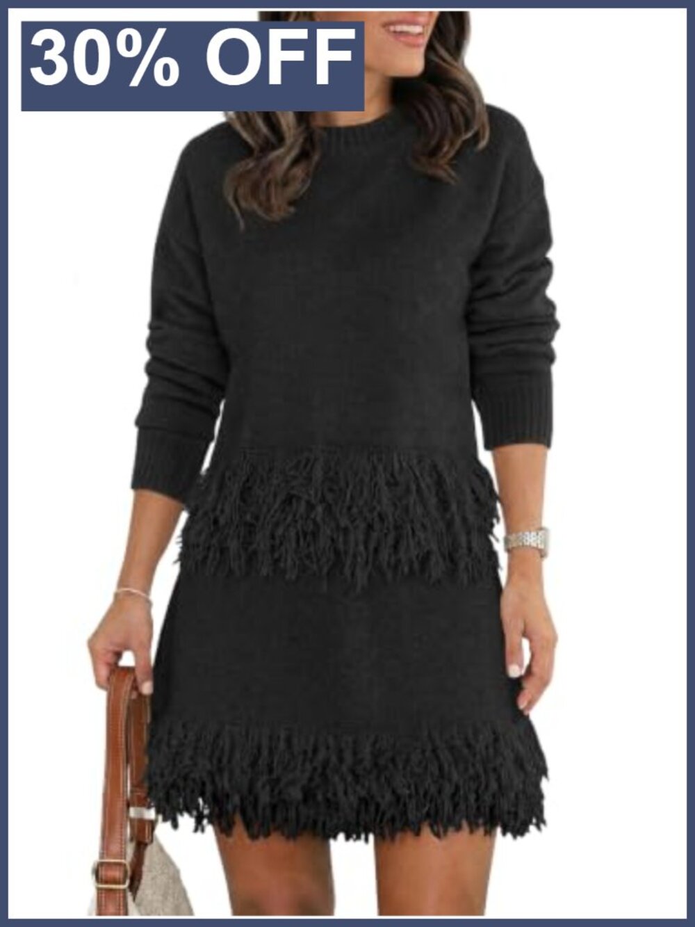 Fringe Knit Sweater and Mini Skirt Set Long Sleeve Crewneck